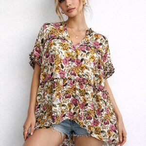 Jane and Delancey Floral Tunic Top Womens XL Pink Yellow Rayon Tiered Babydoll